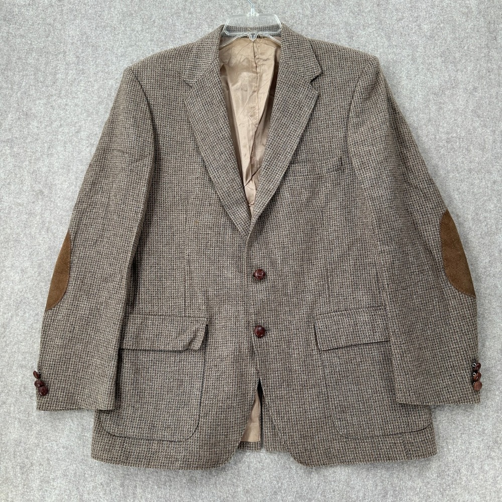 VTG WFF Farah Blazer Mens 41L Gray Tweed Wool Jacket‎ Leather Elbows Houndstooth